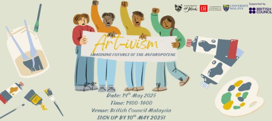 image shows people holding and artivism banner, with paintbrushes, paint and paint palettes drawn around them